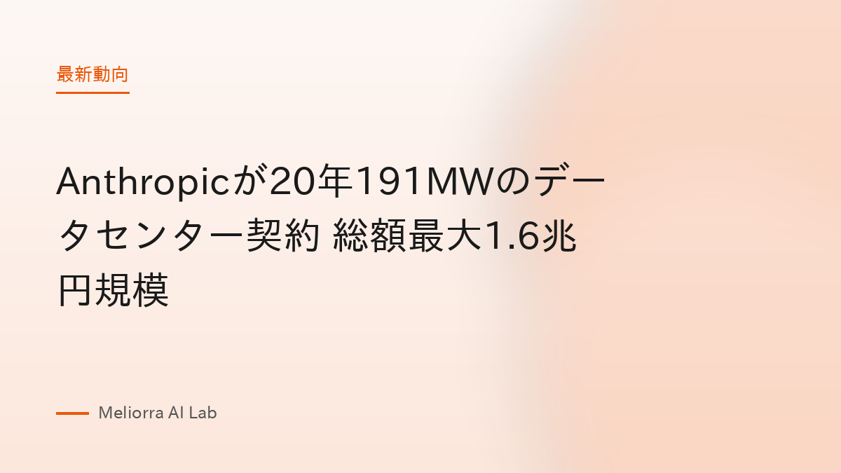 Anthropicが20年191MWのデータセンター契約 総額最大1.6兆円規模